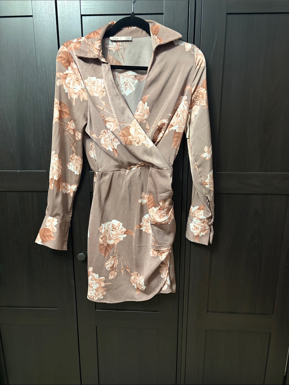 Dex Taupe Floral Wrap Mini Dress with Pink-Cream Blooms